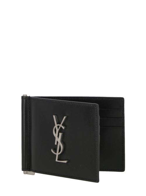 Black *ICON Monogram wallet in calfskin with silver metallic logo and banknote clip. Saint Laurent | 4856300SX0E1000